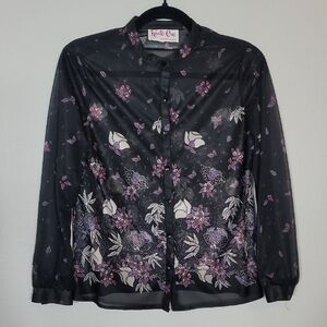 Vintage Route One Women Sheer Floral Button Up Shirt Size S USA Whimsigoth Y2K